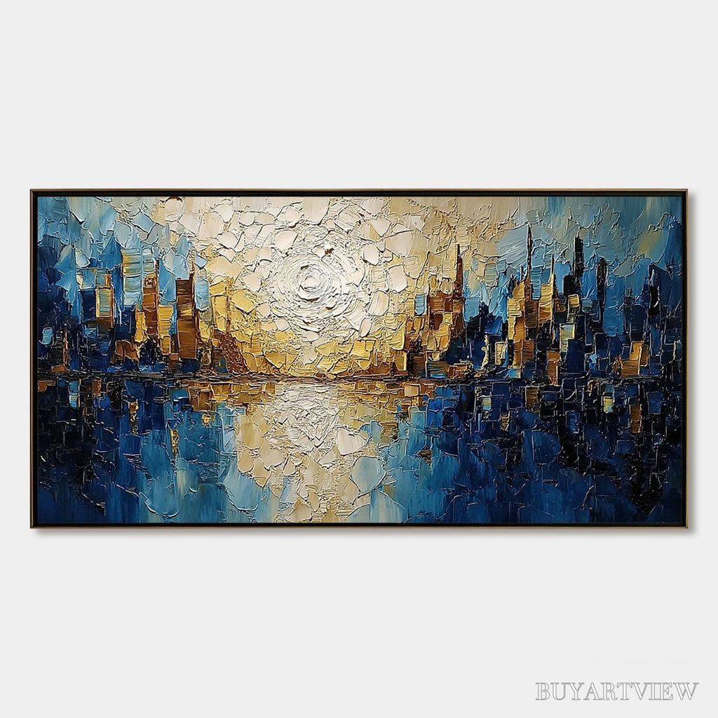 ARTOVITAS Golden Horizon – Textured Impasto Cityscape Reflection Oil Painting - image 1
