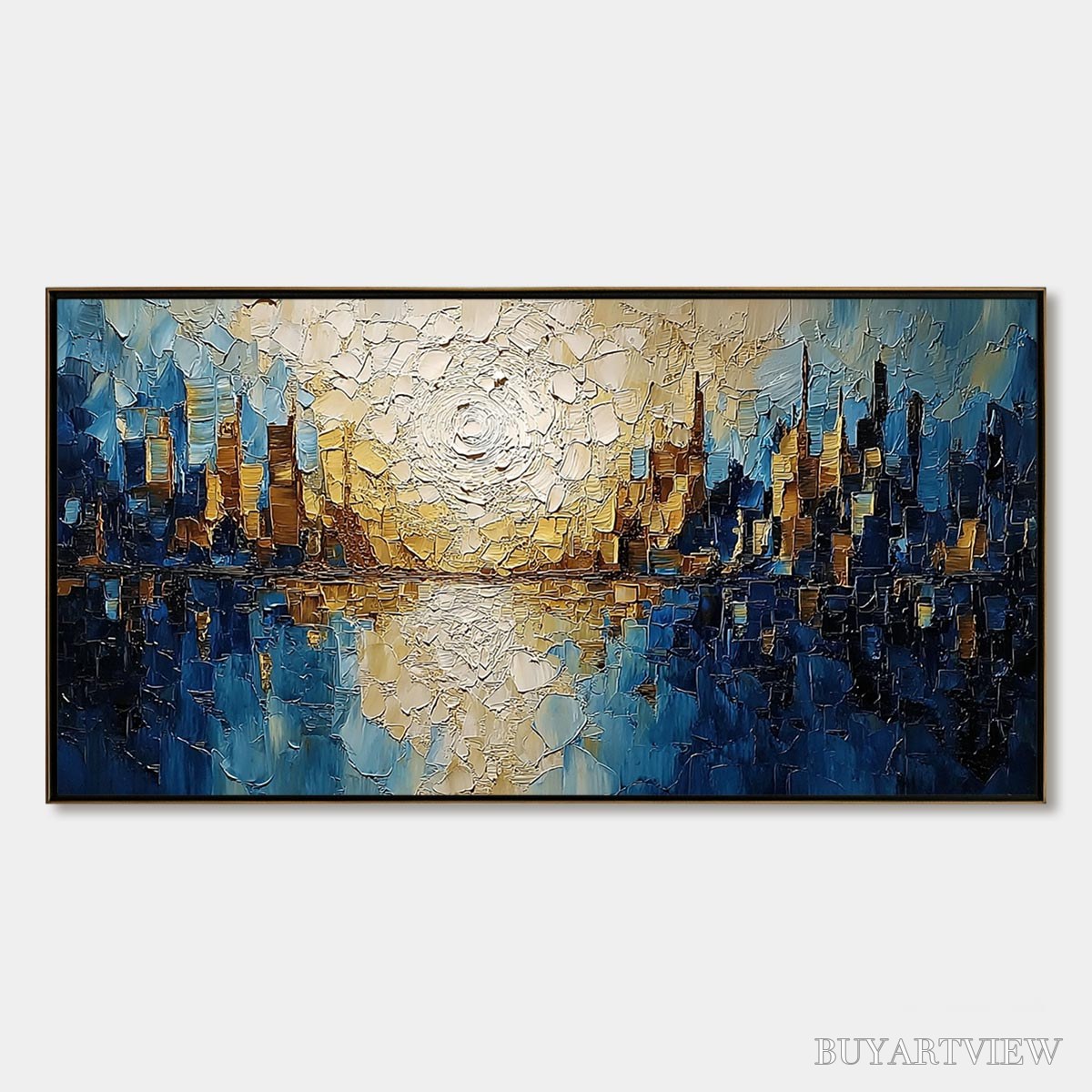 ARTOVITAS Golden Horizon – Textured Impasto Cityscape Reflection Oil Painting - image 1