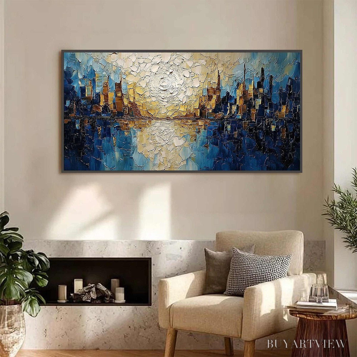 ARTOVITAS Golden Horizon – Textured Impasto Cityscape Reflection Oil Painting - image 2