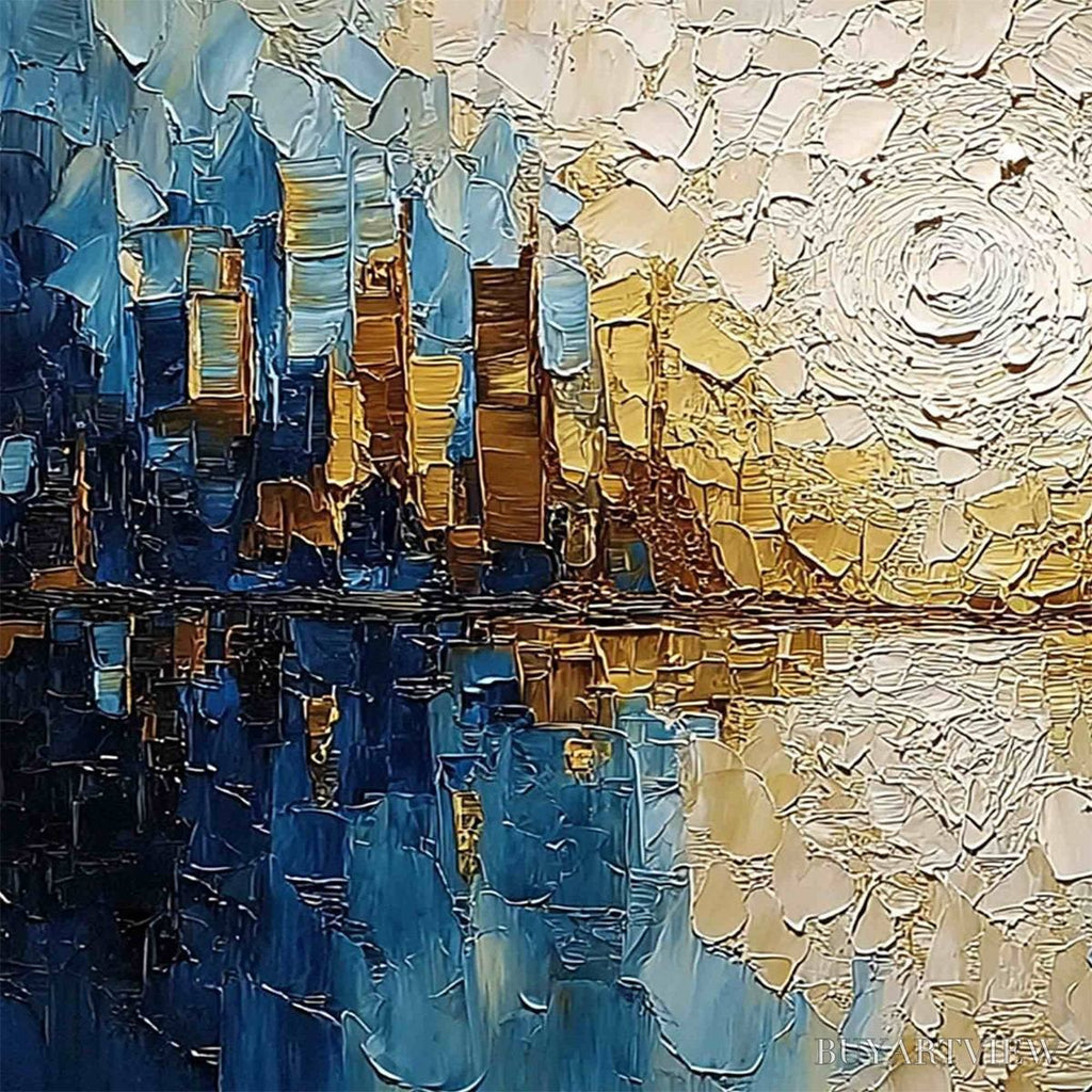 ARTOVITAS Golden Horizon – Textured Impasto Cityscape Reflection Oil Painting - image 3