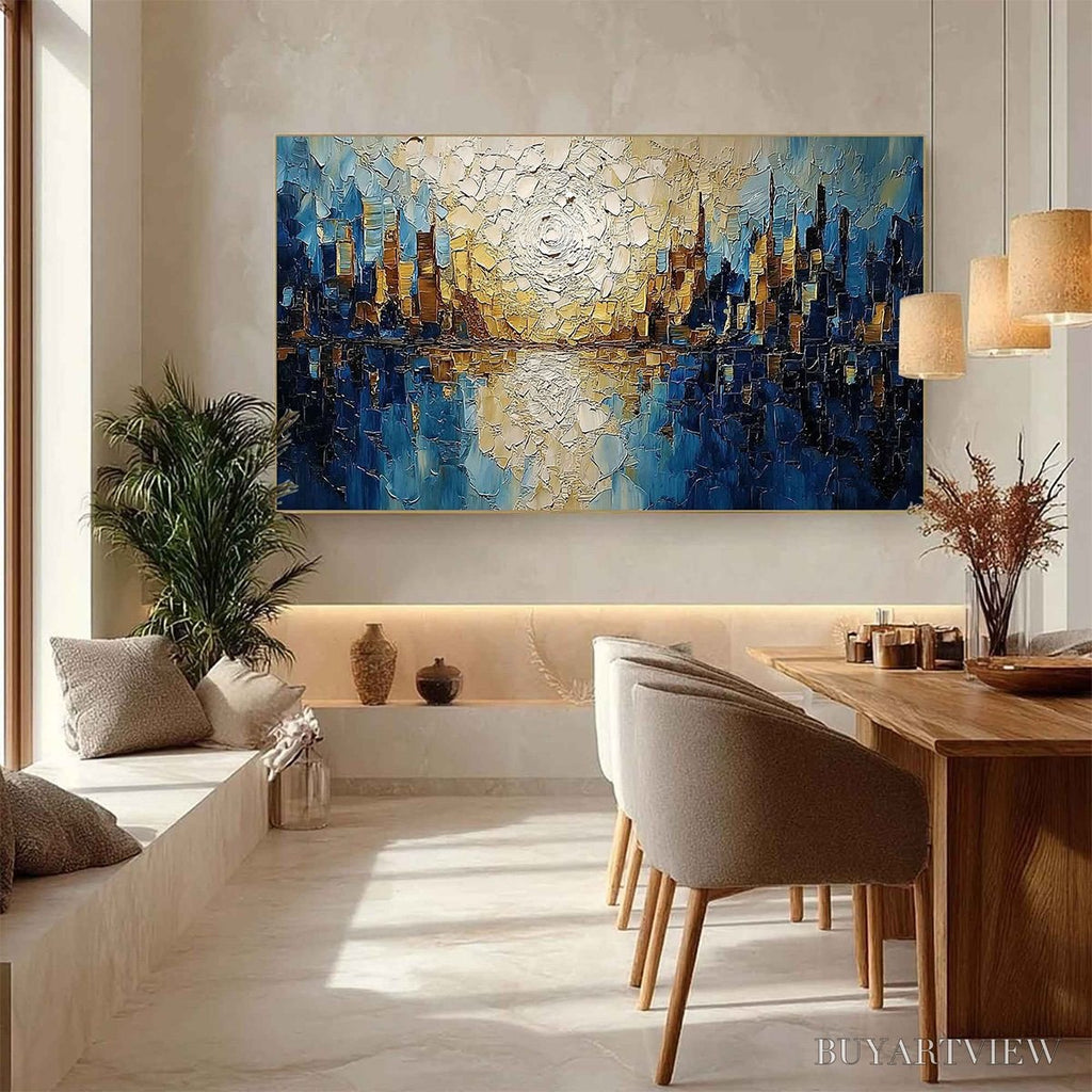 ARTOVITAS Golden Horizon – Textured Impasto Cityscape Reflection Oil Painting - image 4