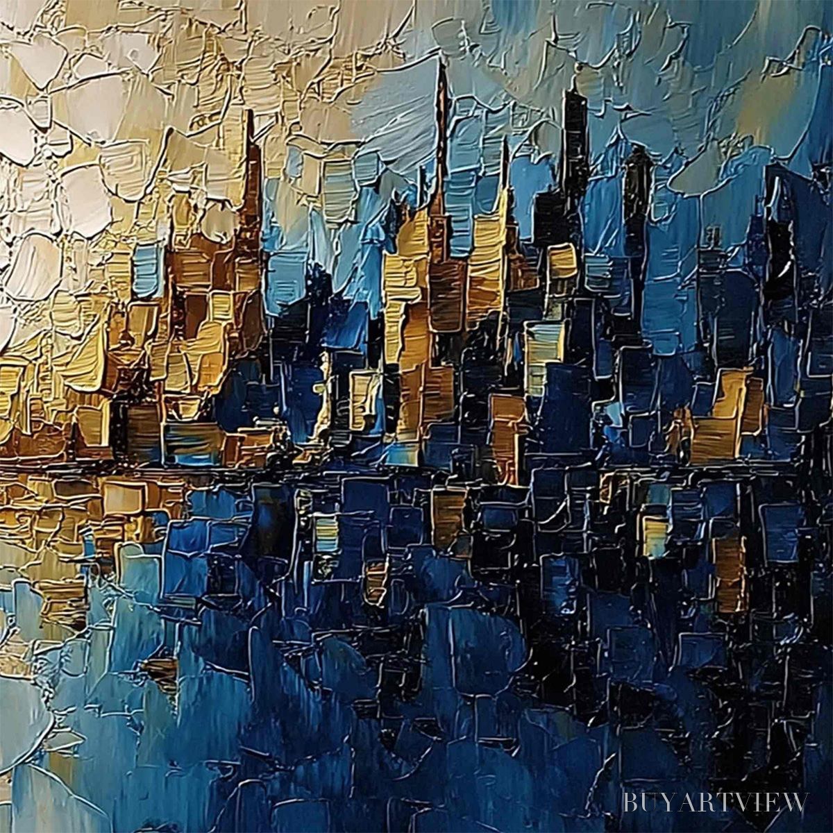 ARTOVITAS Golden Horizon – Textured Impasto Cityscape Reflection Oil Painting - image 5