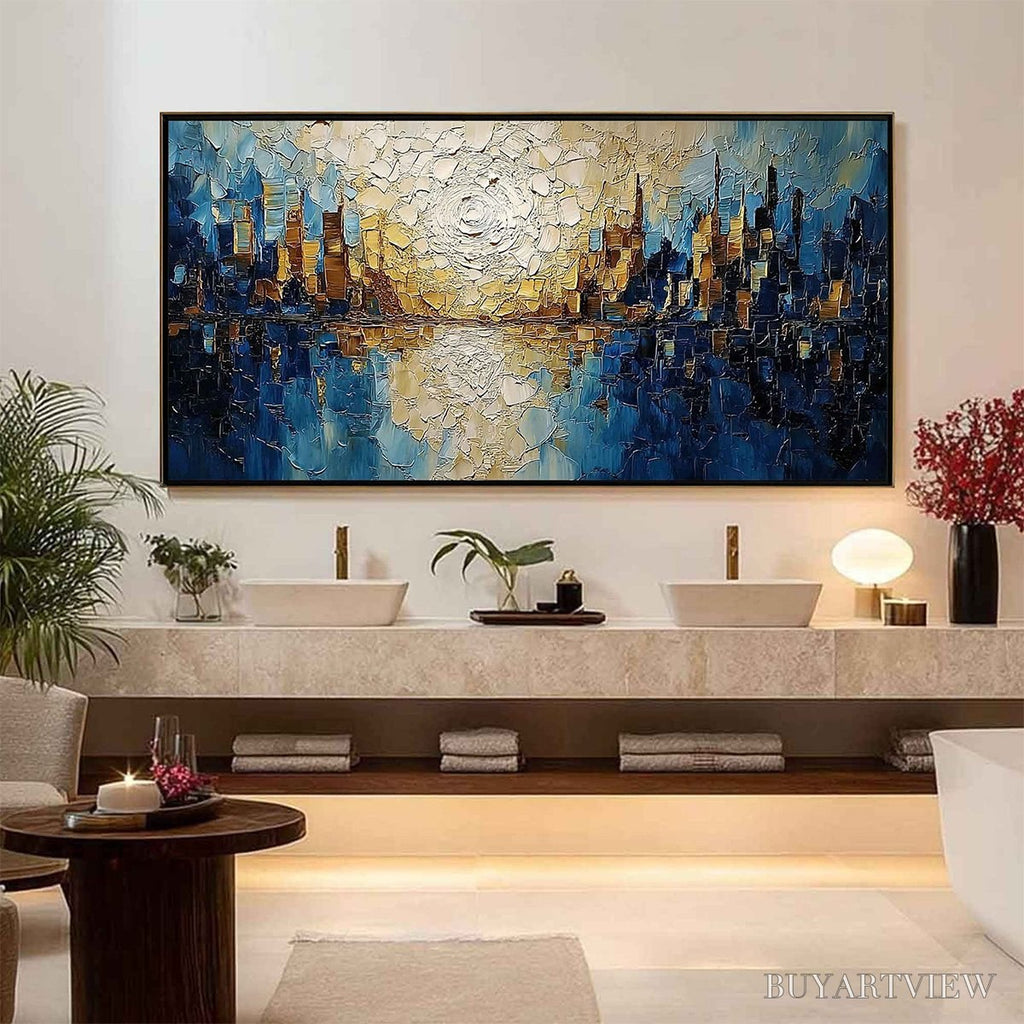 ARTOVITAS Golden Horizon – Textured Impasto Cityscape Reflection Oil Painting - image 6