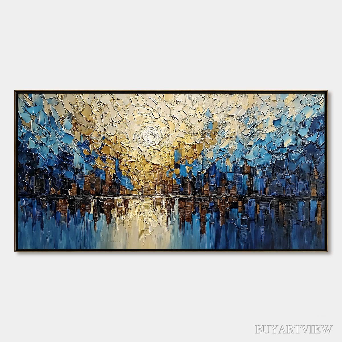 ARTOVITAS Golden Horizon – Textured Impasto Cityscape Reflection Painting - image 1