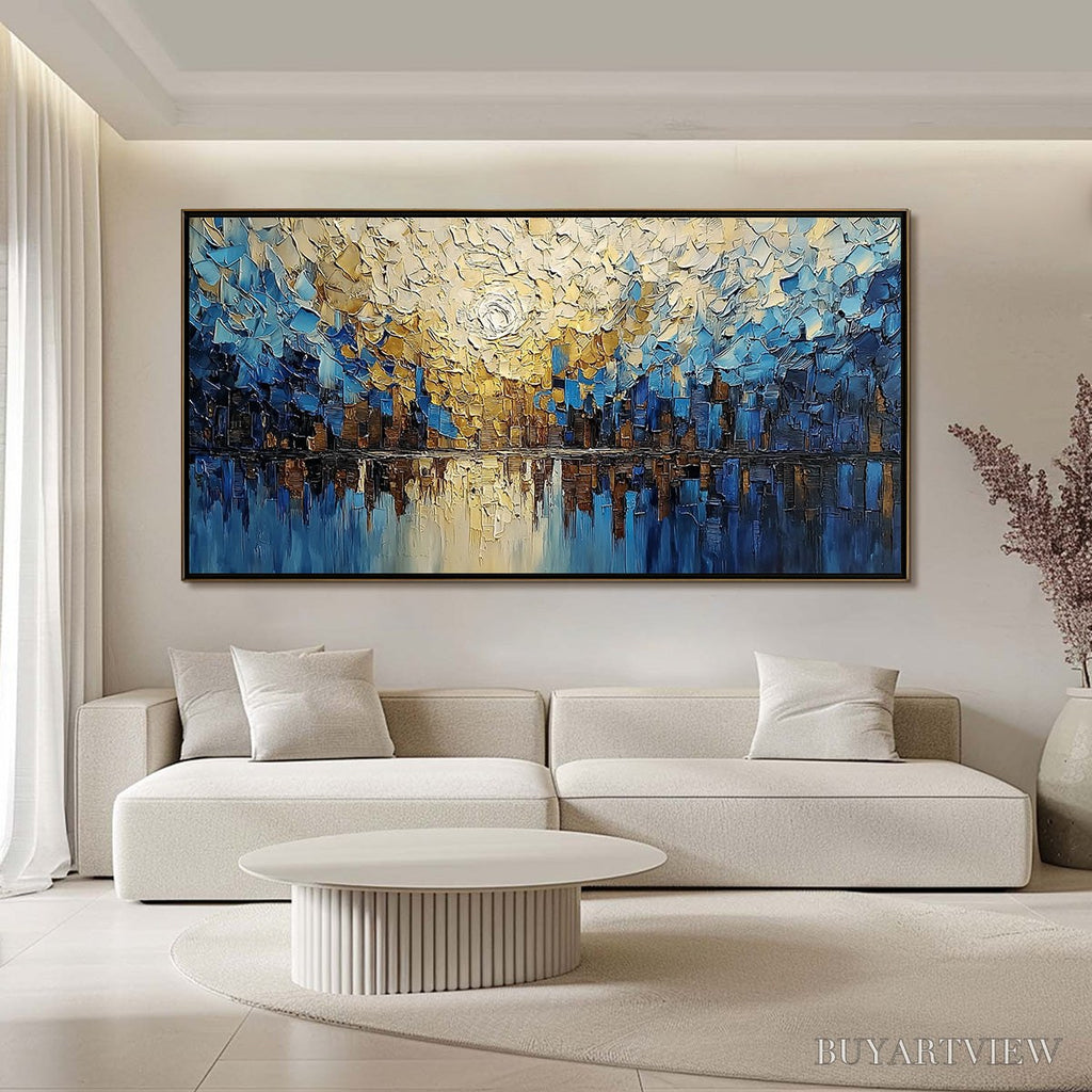 ARTOVITAS Golden Horizon – Textured Impasto Cityscape Reflection Painting - image 2