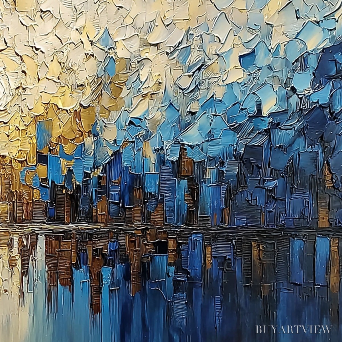 ARTOVITAS Golden Horizon – Textured Impasto Cityscape Reflection Painting - image 3