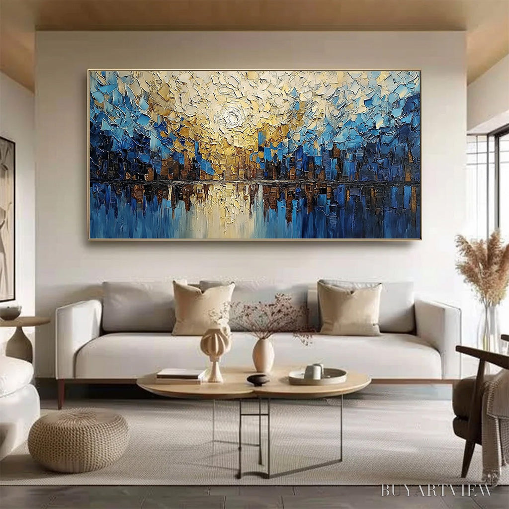 ARTOVITAS Golden Horizon – Textured Impasto Cityscape Reflection Painting - image 4