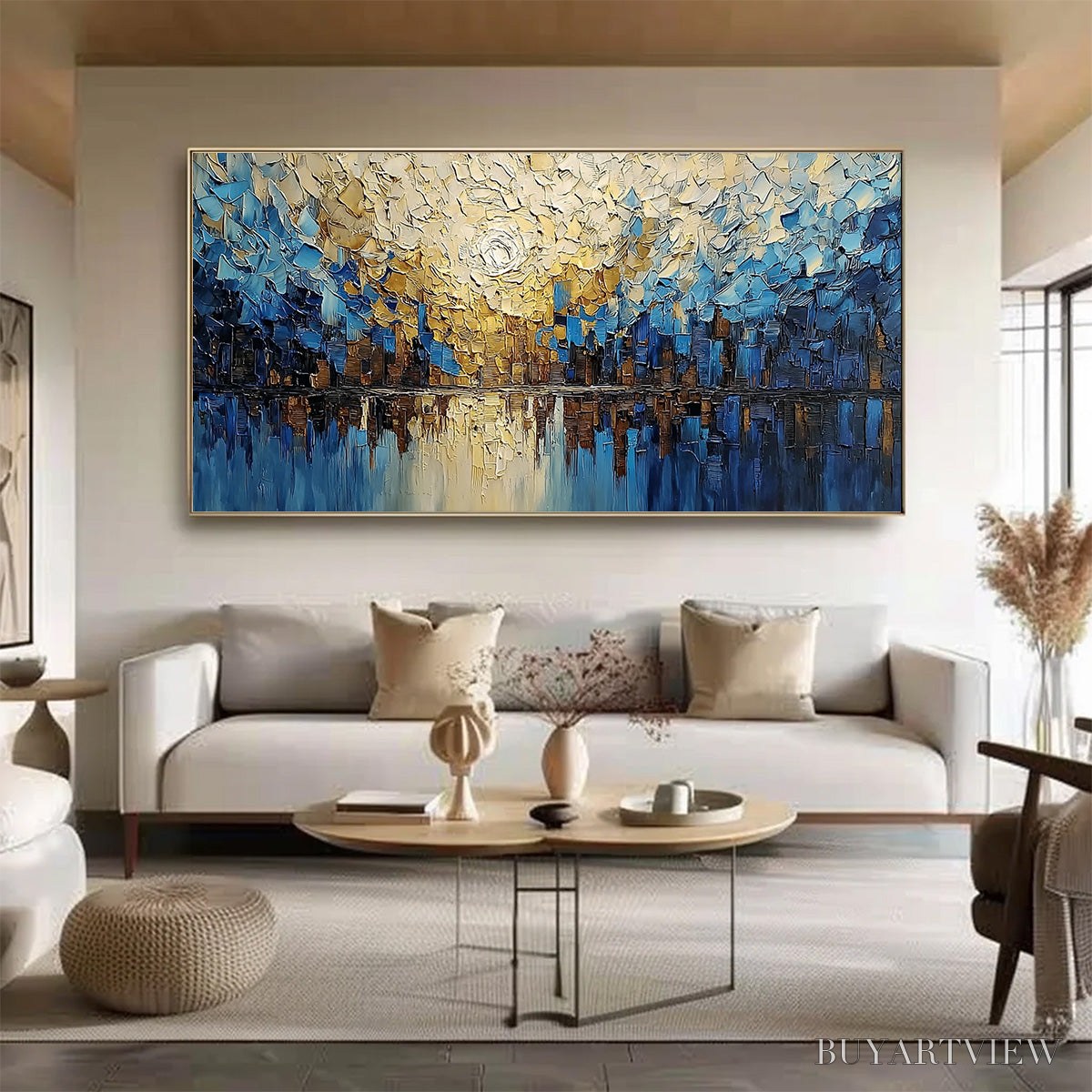ARTOVITAS Golden Horizon – Textured Impasto Cityscape Reflection Painting - image 4