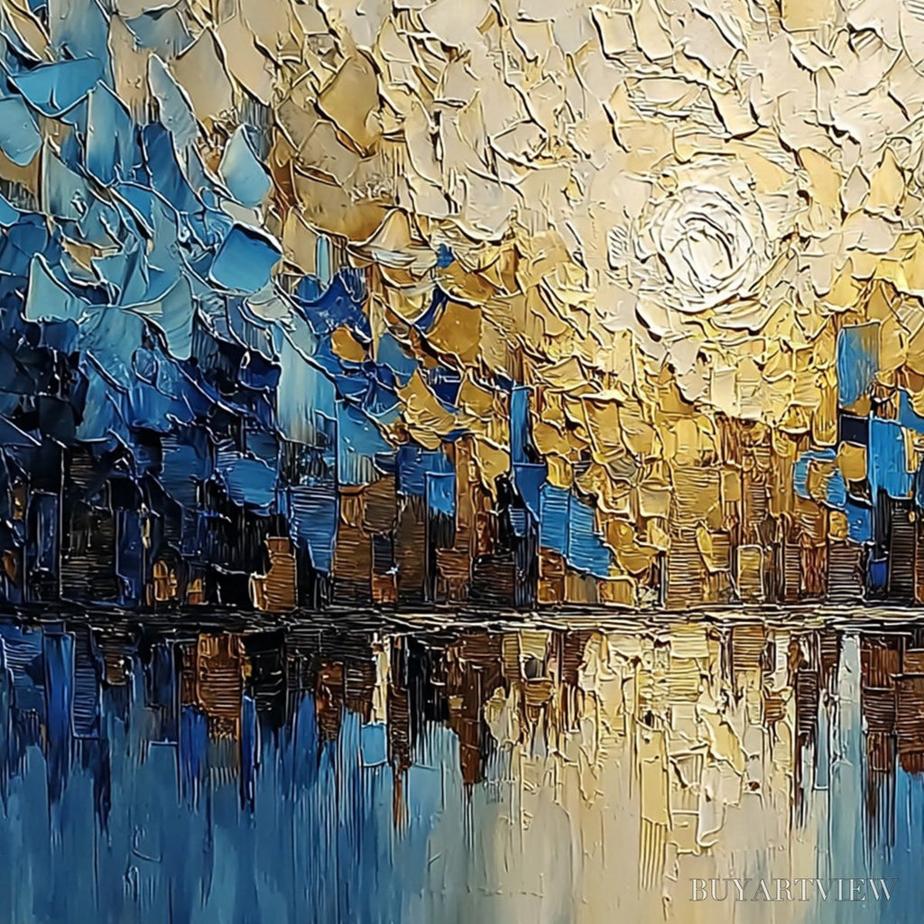 ARTOVITAS Golden Horizon – Textured Impasto Cityscape Reflection Painting - image 5