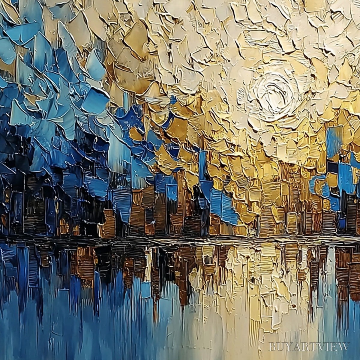 ARTOVITAS Golden Horizon – Textured Impasto Cityscape Reflection Painting - image 5