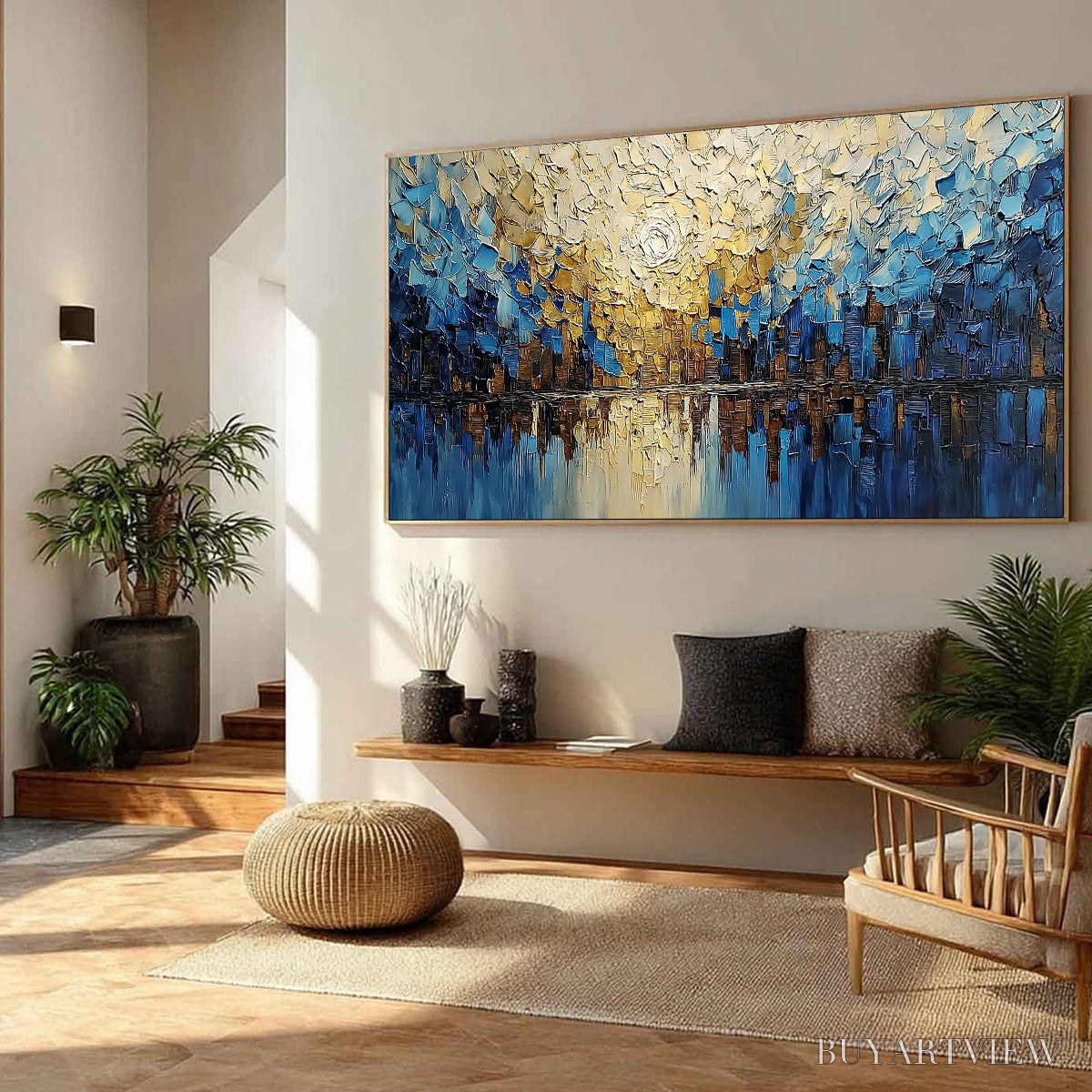 ARTOVITAS Golden Horizon – Textured Impasto Cityscape Reflection Painting - image 6