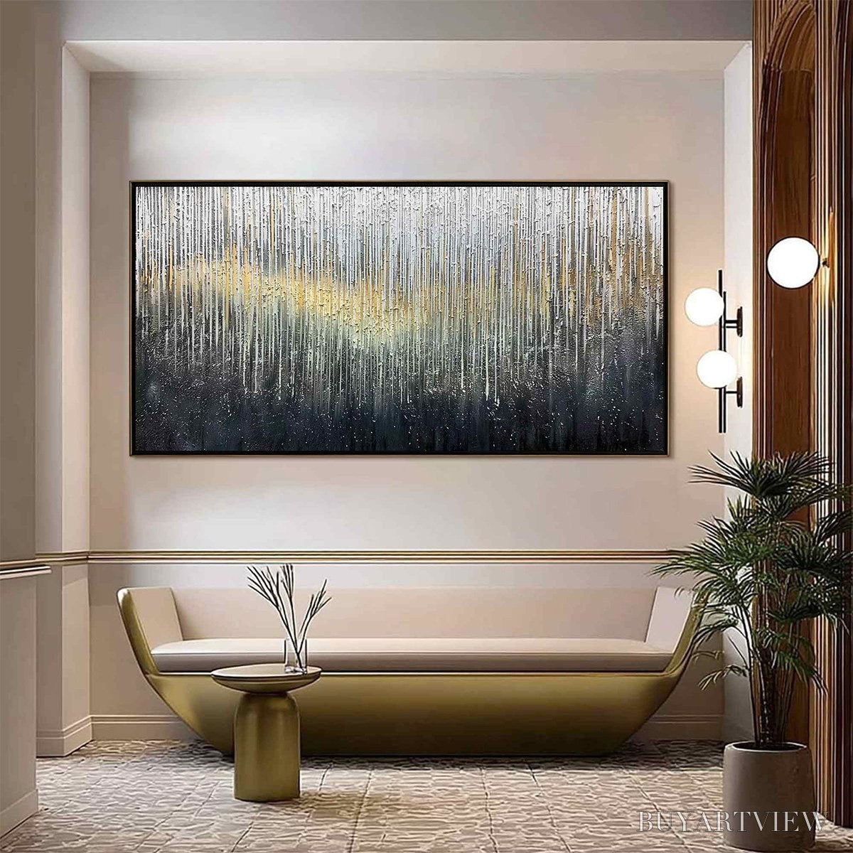 ARTOVITAS Metallic Cascade – Large Textured Abstract Gold and Silver Horizontal Painting - image 2