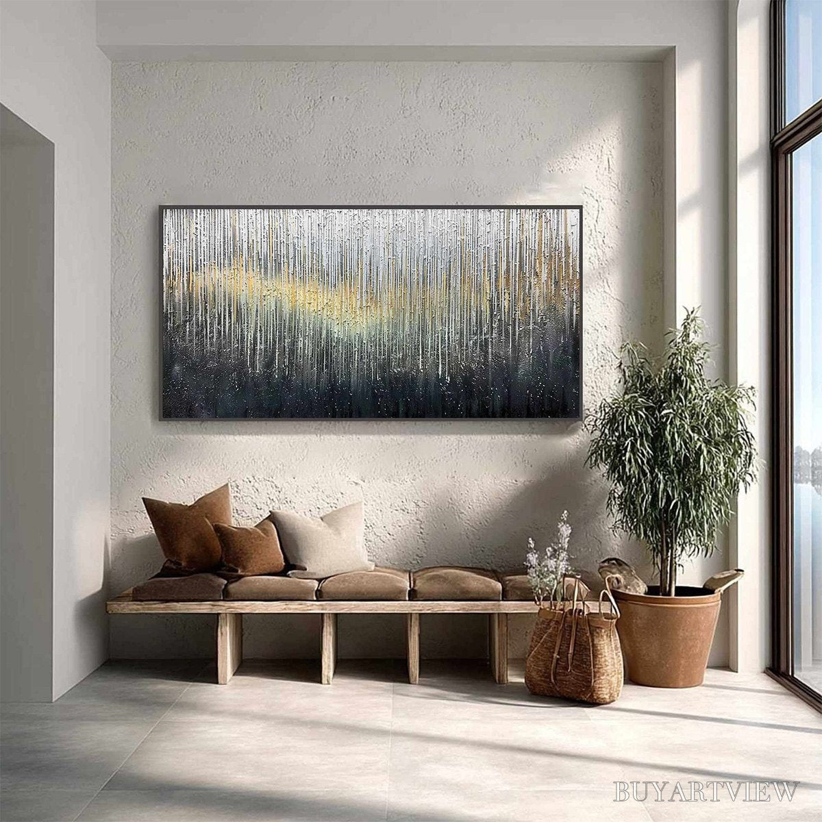 ARTOVITAS Metallic Cascade – Large Textured Abstract Gold and Silver Horizontal Painting - image 4