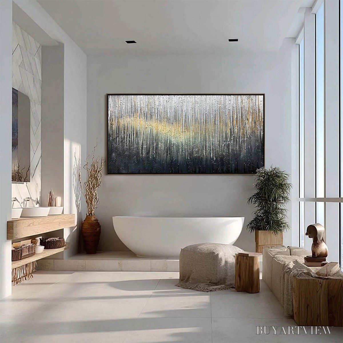 ARTOVITAS Metallic Cascade – Large Textured Abstract Gold and Silver Horizontal Painting - image 6