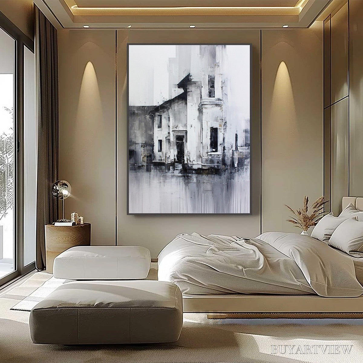 ARTOVITAS Architectural Echo – Monochrome Abstract Cityscape Painting - image 2