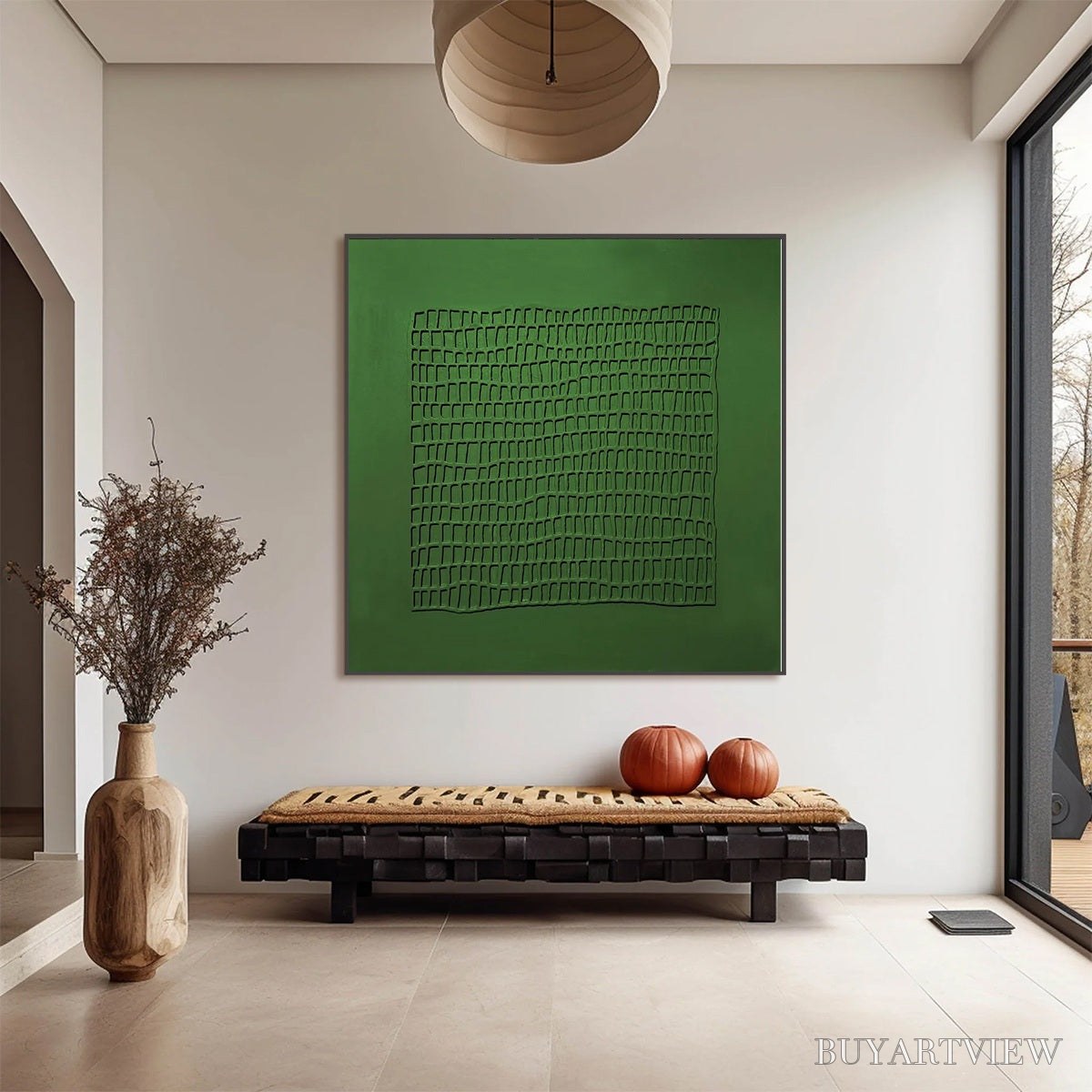 ARTOVITAS Emerald Grid – Minimalist Textured Abstract Oil Painting - image 2