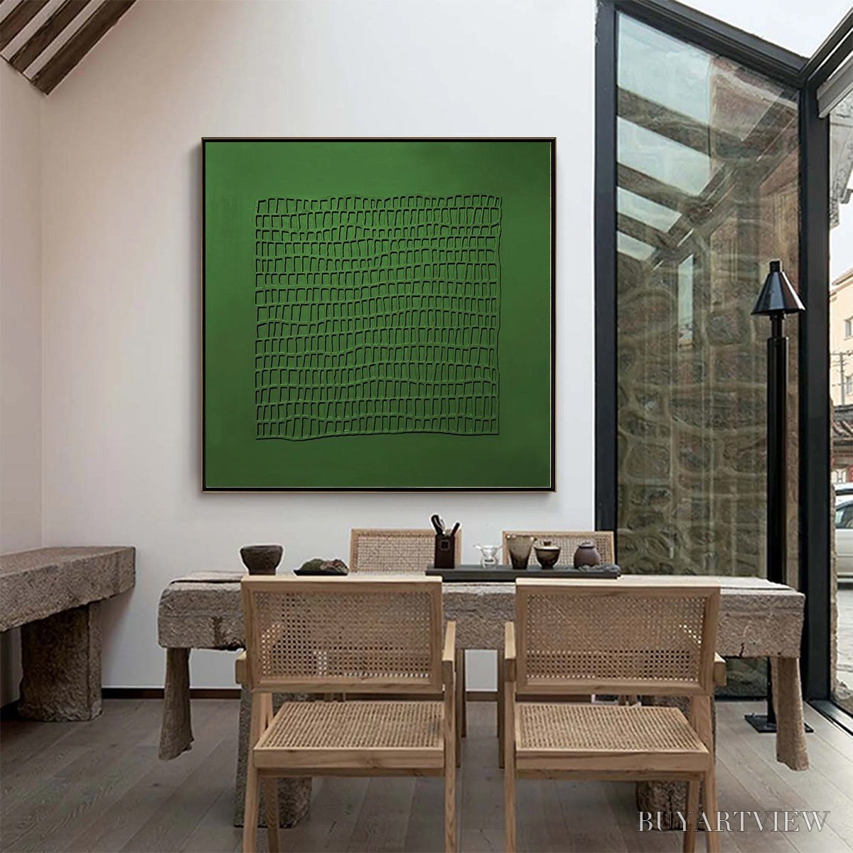 ARTOVITAS Emerald Grid – Minimalist Textured Abstract Oil Painting - image 4