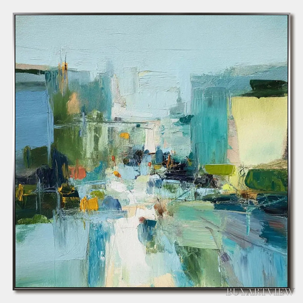 ARTOVITAS Aquamarine City – Textured Abstract Cityscape Oil Painting - image 1