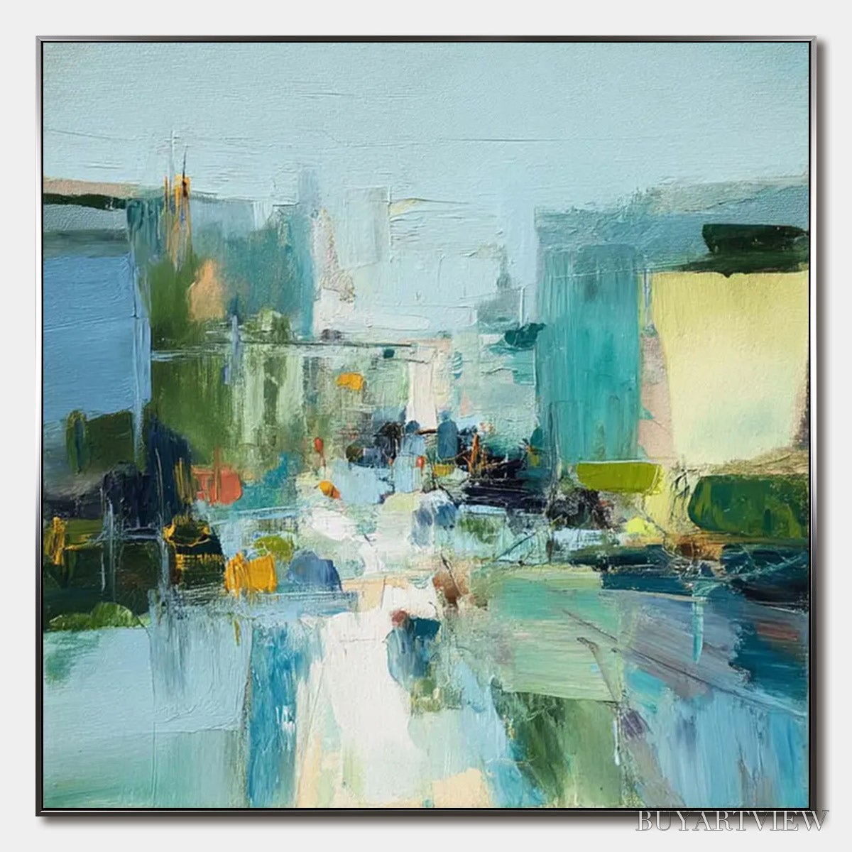 ARTOVITAS Aquamarine City – Textured Abstract Cityscape Oil Painting - image 1