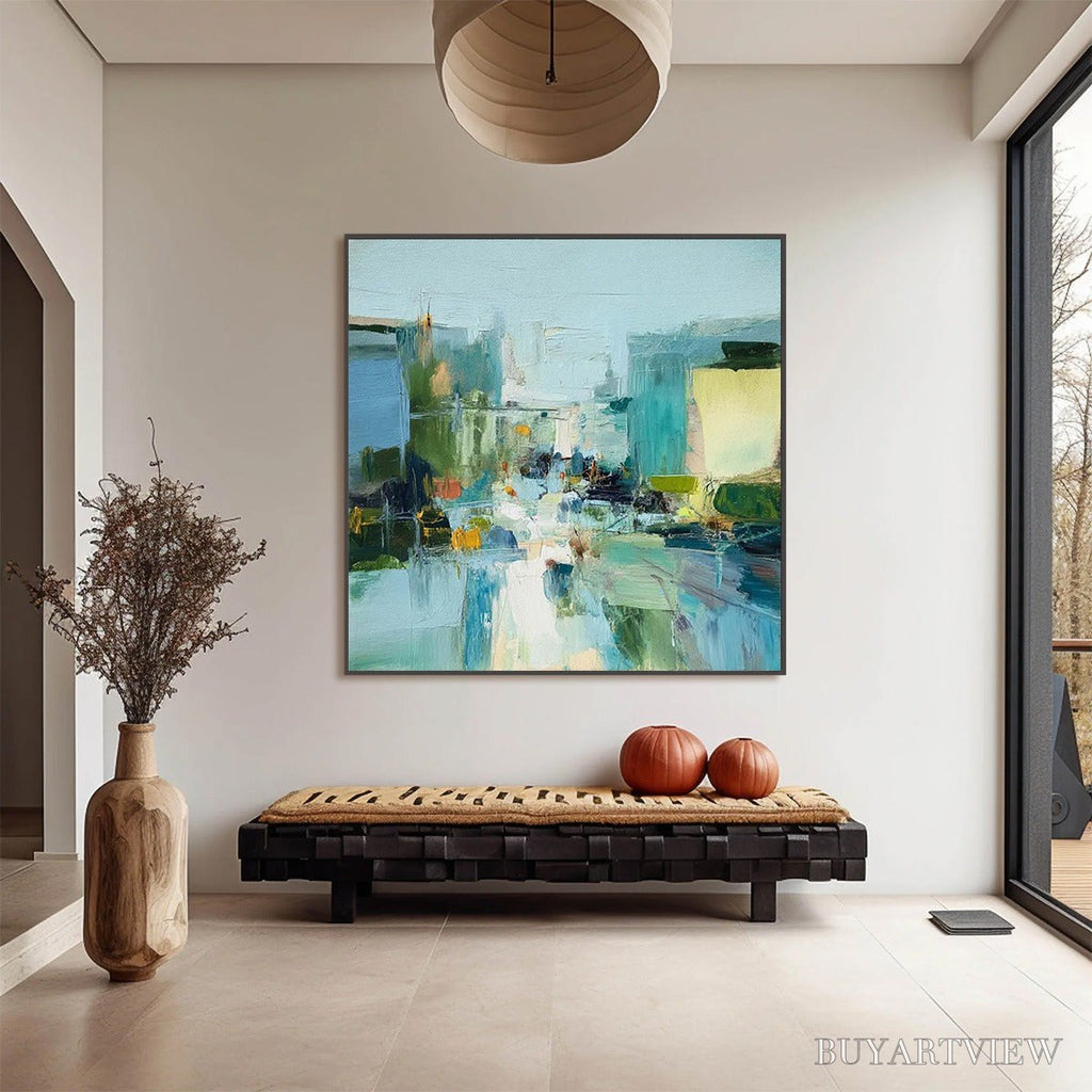 ARTOVITAS Aquamarine City – Textured Abstract Cityscape Oil Painting - image 2