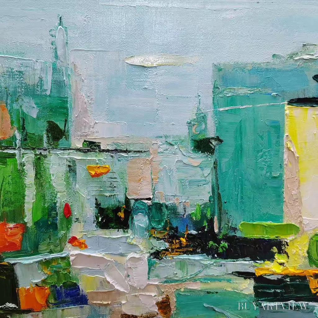 ARTOVITAS Aquamarine City – Textured Abstract Cityscape Oil Painting - image 3