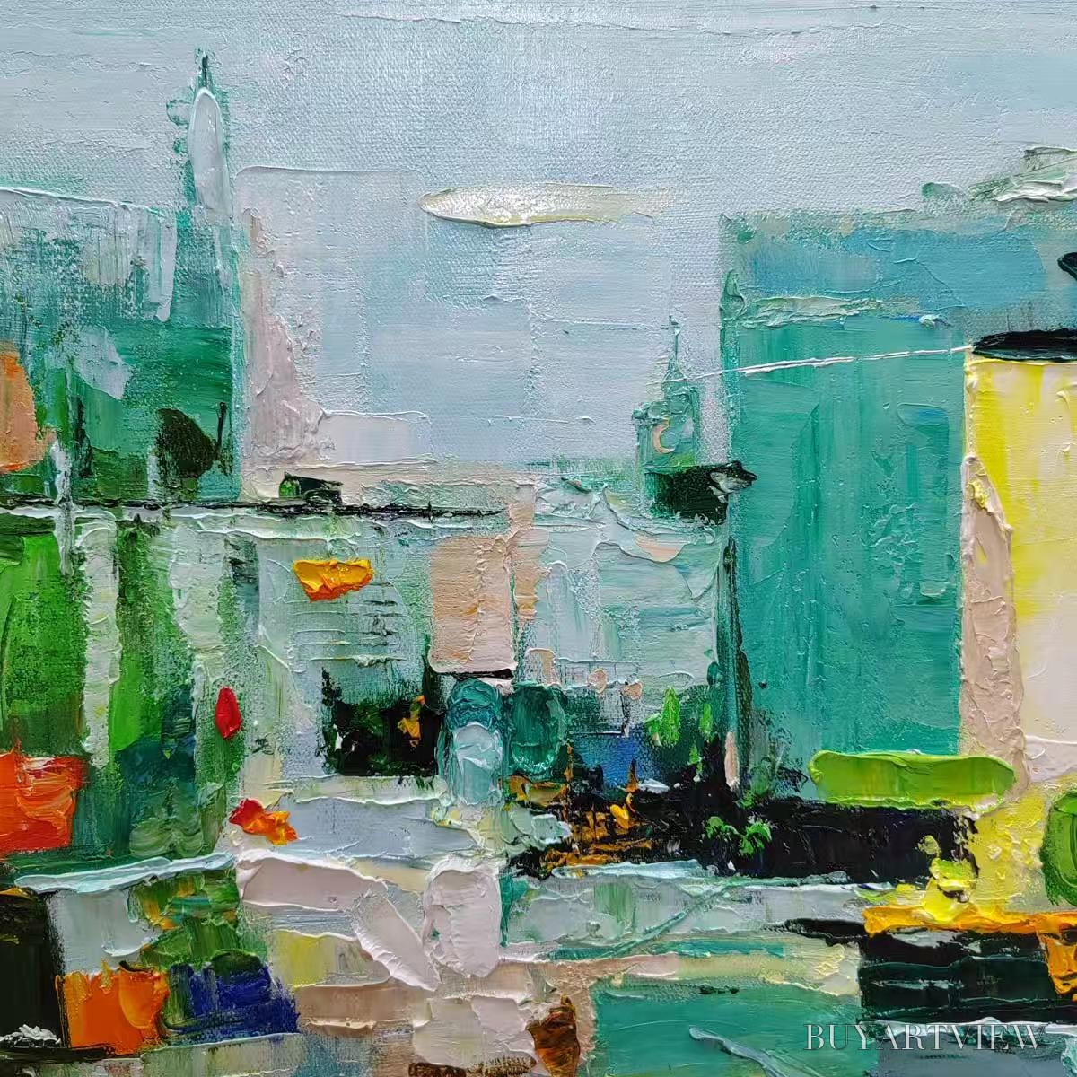 ARTOVITAS Aquamarine City – Textured Abstract Cityscape Oil Painting - image 3