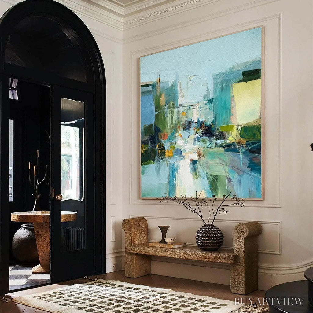 ARTOVITAS Aquamarine City – Textured Abstract Cityscape Oil Painting - image 4
