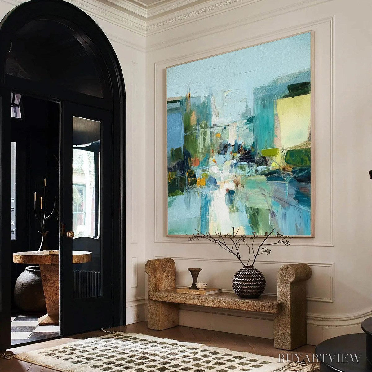 ARTOVITAS Aquamarine City – Textured Abstract Cityscape Oil Painting - image 4