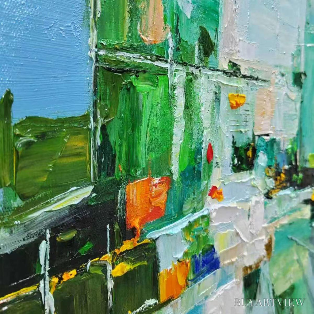 ARTOVITAS Aquamarine City – Textured Abstract Cityscape Oil Painting - image 6