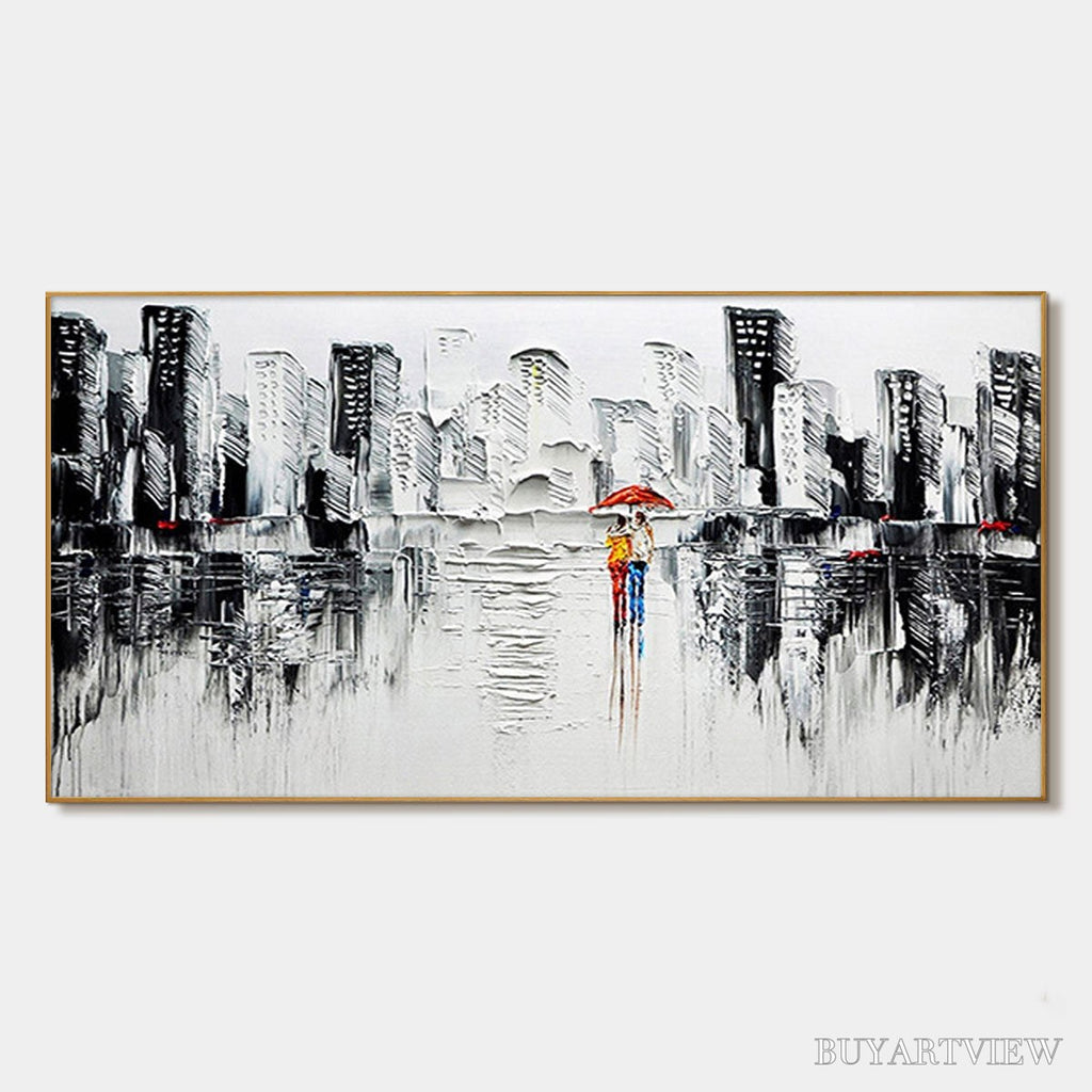 ARTOVITAS Urban Romance – Textured Cityscape Oil Painting in Black and White - image 1
