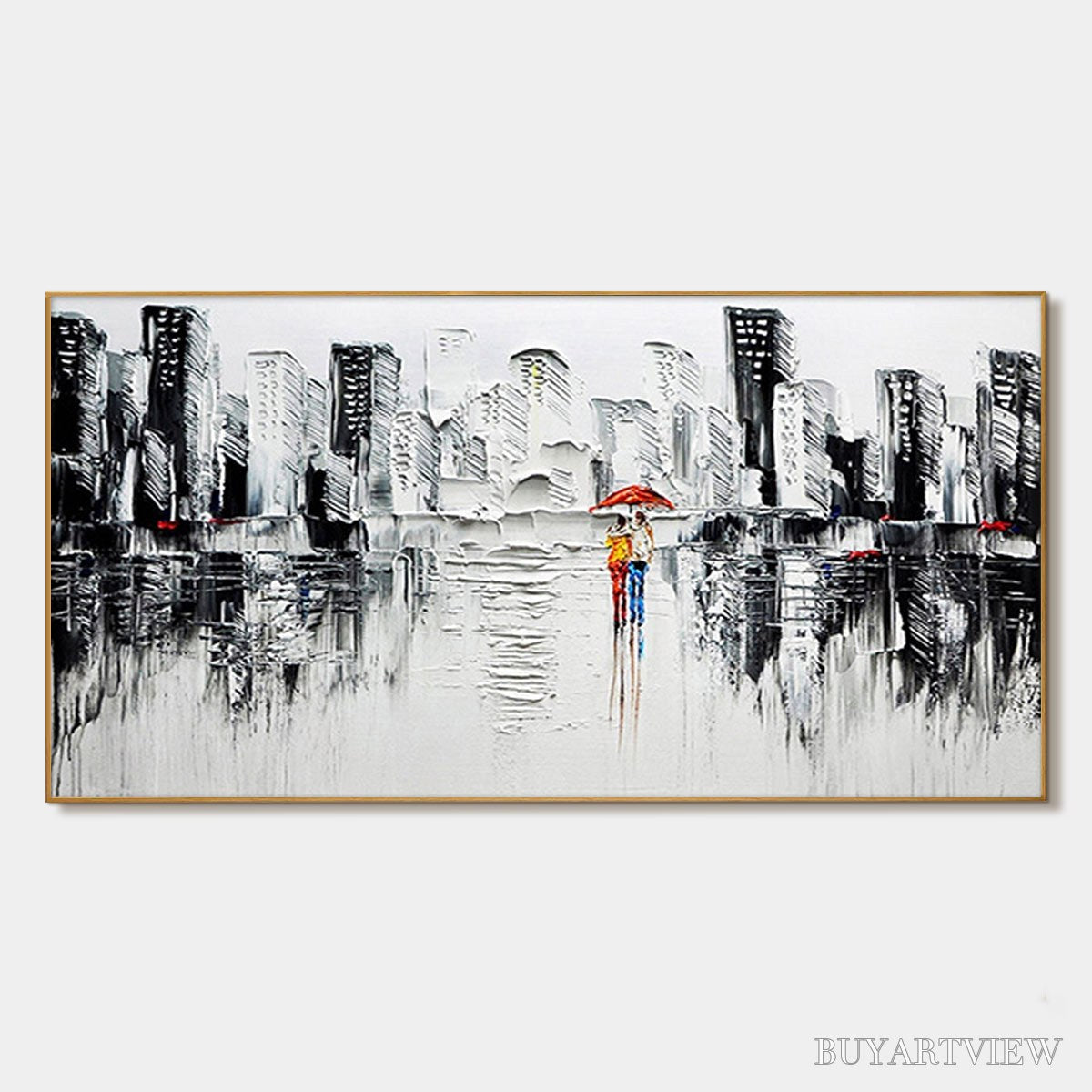 ARTOVITAS Urban Romance – Textured Cityscape Oil Painting in Black and White - image 1