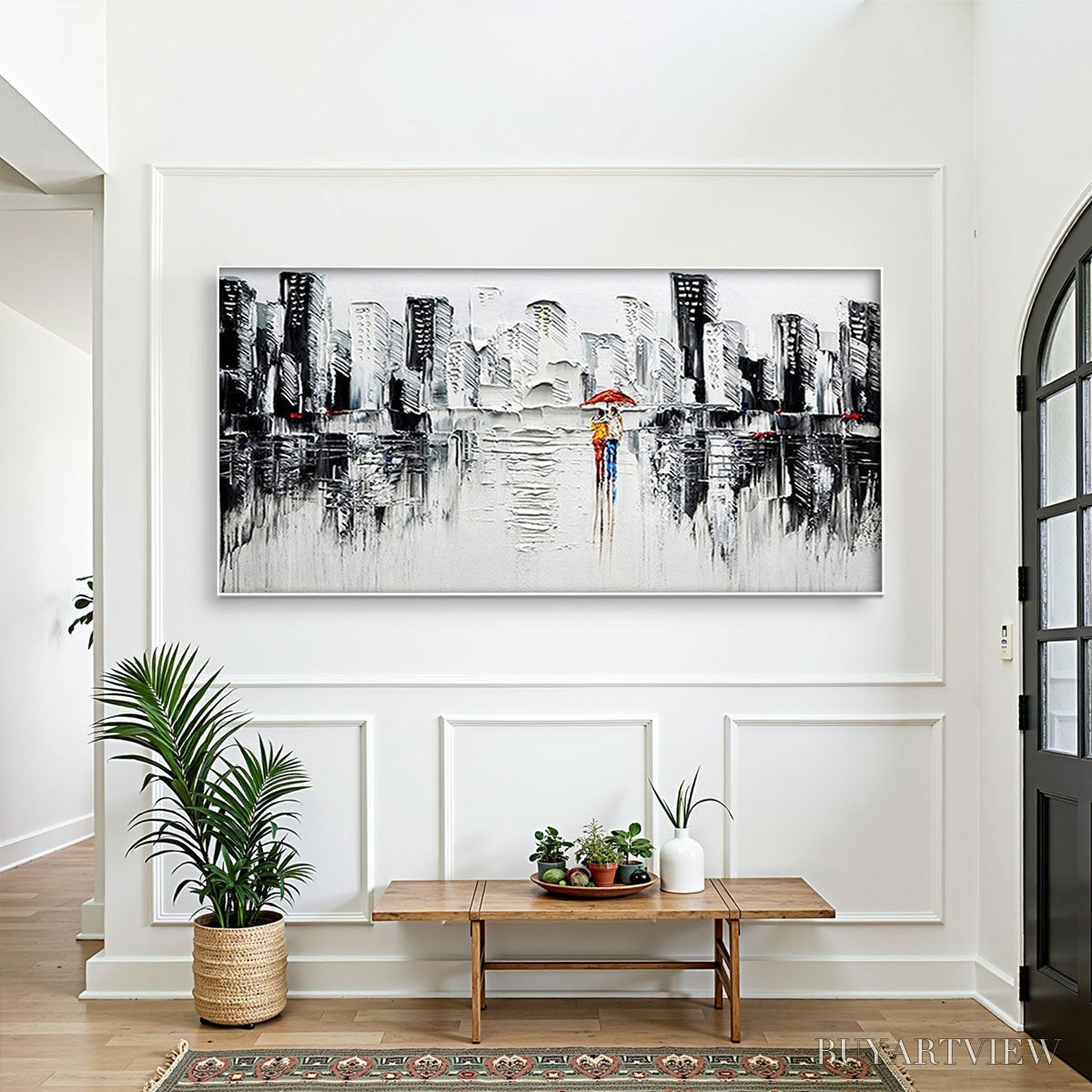 ARTOVITAS Urban Romance – Textured Cityscape Oil Painting in Black and White - image 2