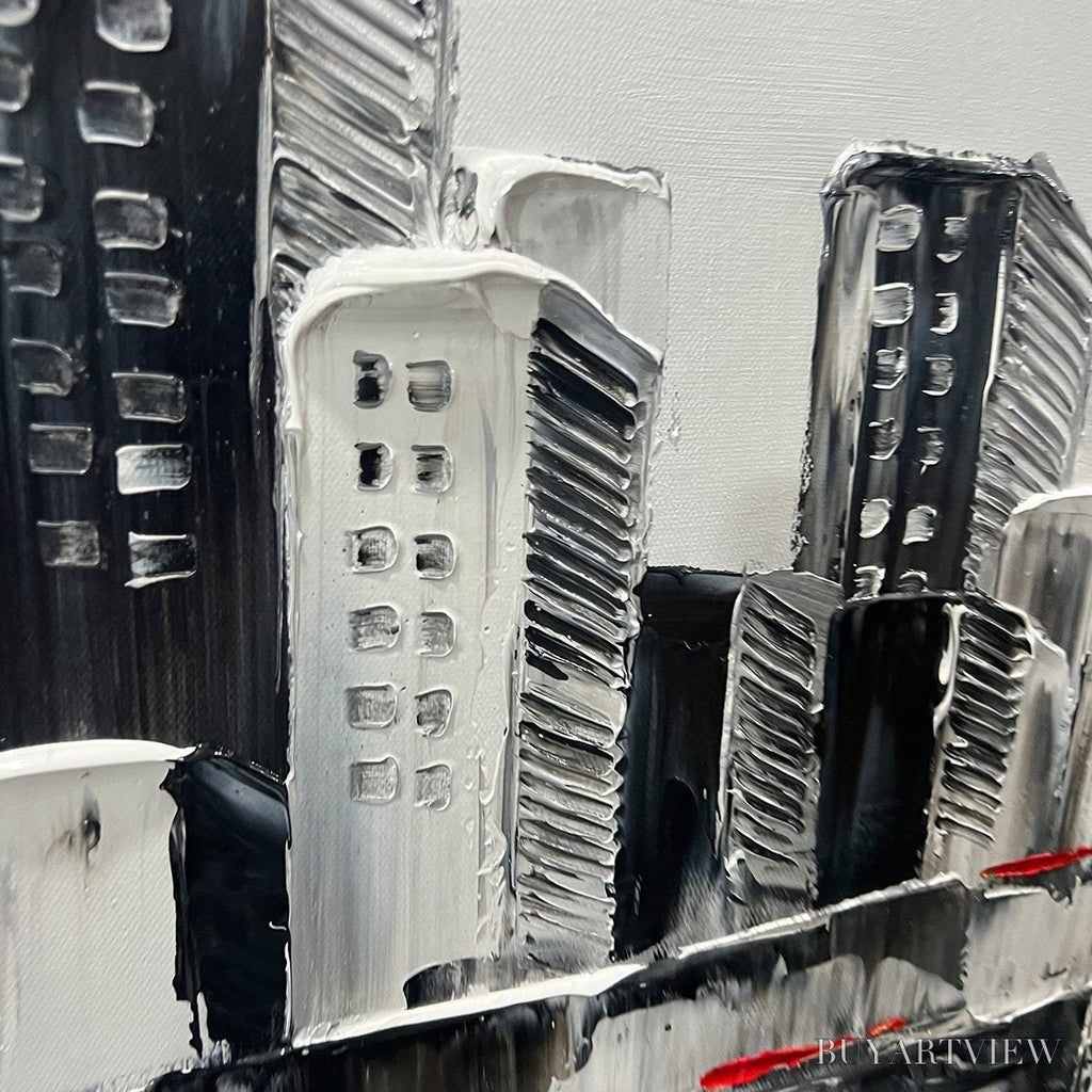 ARTOVITAS Urban Romance – Textured Cityscape Oil Painting in Black and White - image 3