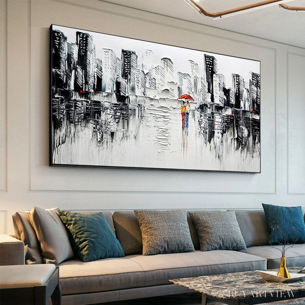 ARTOVITAS Urban Romance – Textured Cityscape Oil Painting in Black and White - image 4