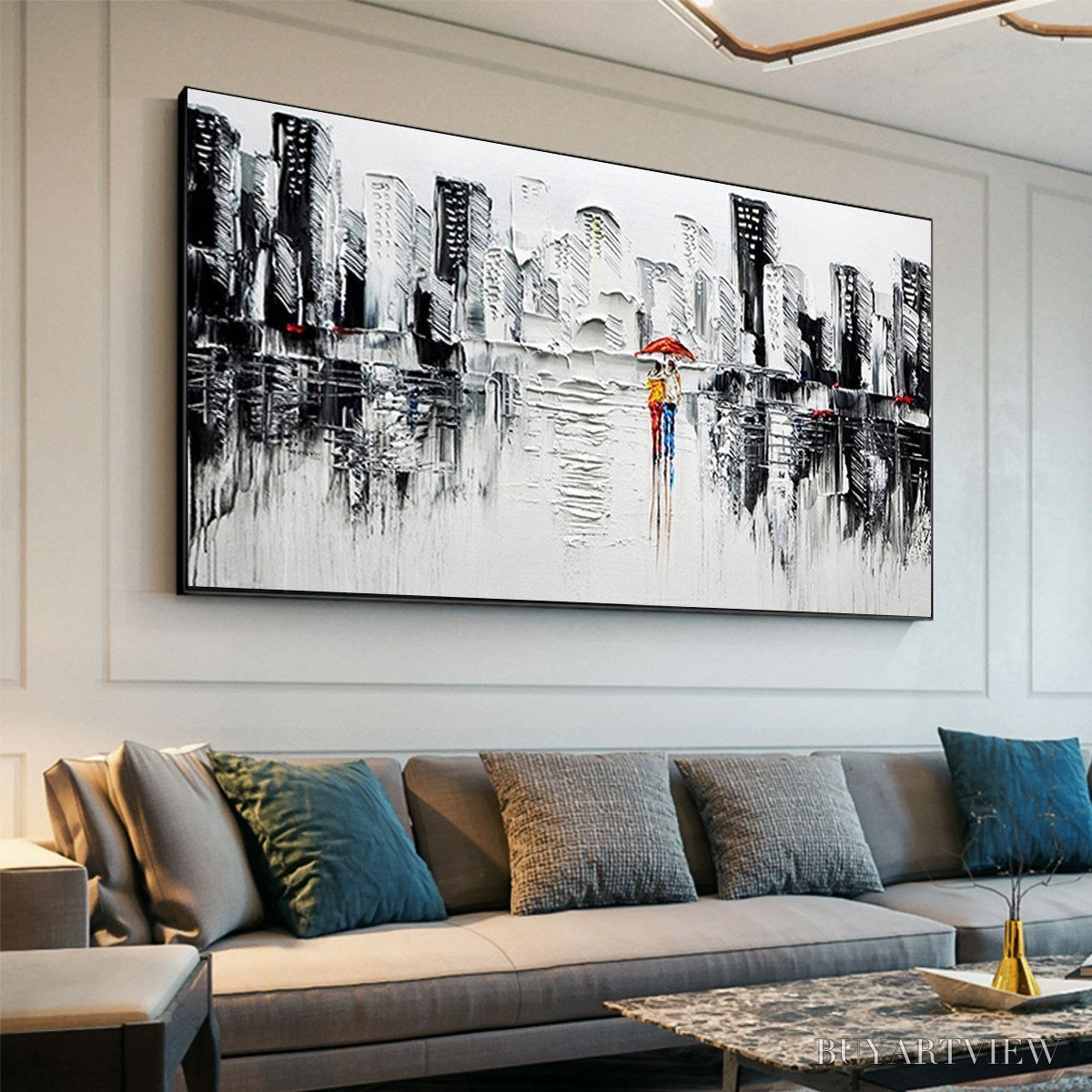 ARTOVITAS Urban Romance – Textured Cityscape Oil Painting in Black and White - image 4