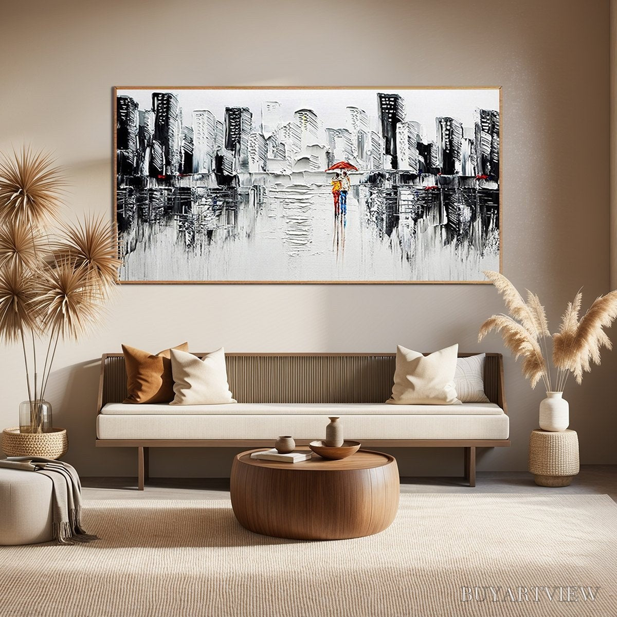 ARTOVITAS Urban Romance – Textured Cityscape Oil Painting in Black and White - image 6