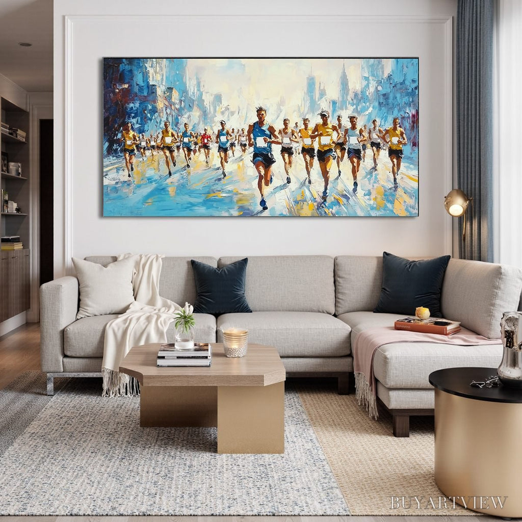 ARTOVITAS City Stride – Textured Urban Marathon Scene Oil Painting - image 2