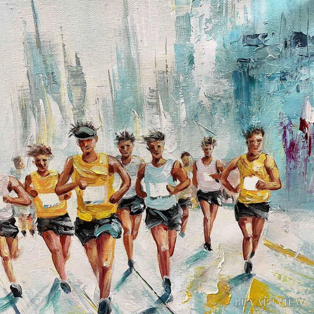 ARTOVITAS City Stride – Textured Urban Marathon Scene Oil Painting - image 3
