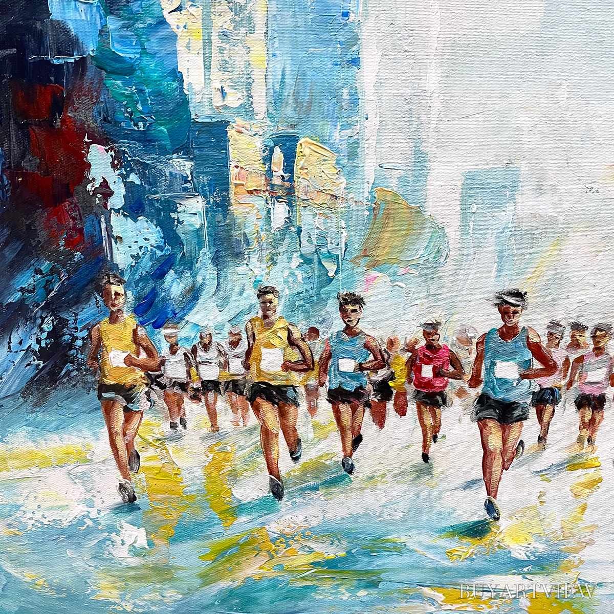 ARTOVITAS City Stride – Textured Urban Marathon Scene Oil Painting - image 5