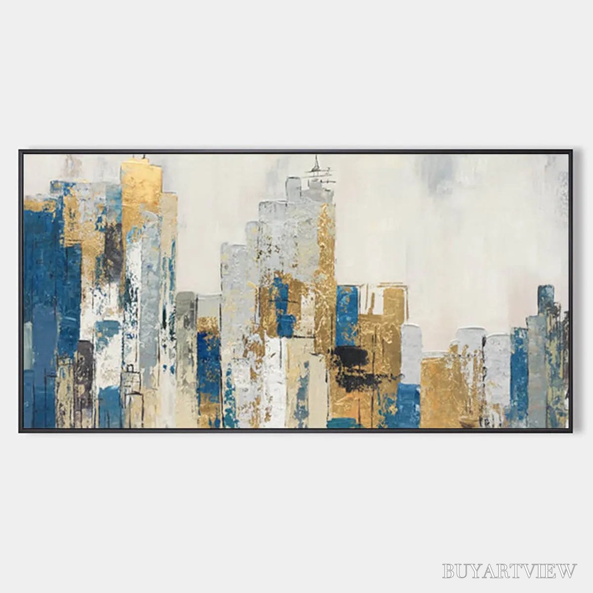 ARTOVITAS Golden Metropolis – Abstract Cityscape Oil Painting in Gold and Blue - image 1