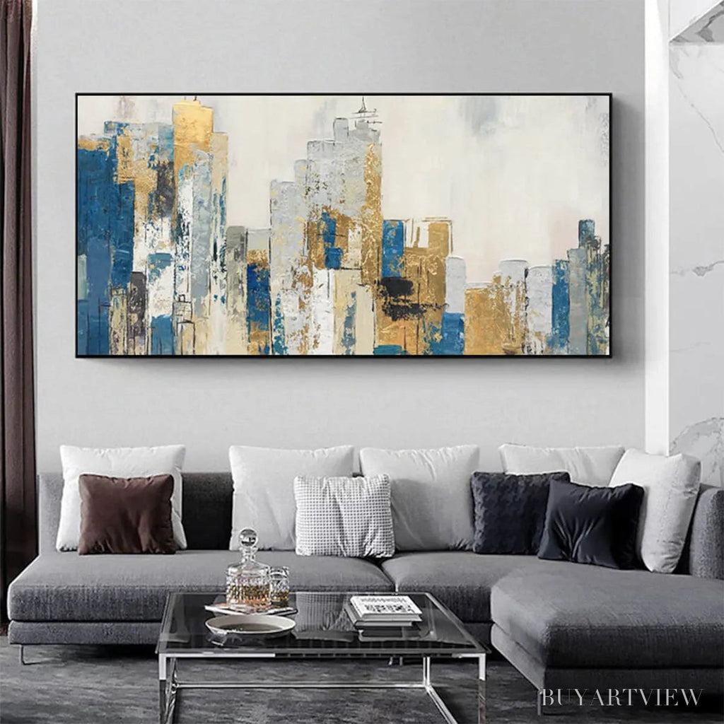 ARTOVITAS Golden Metropolis – Abstract Cityscape Oil Painting in Gold and Blue - image 2
