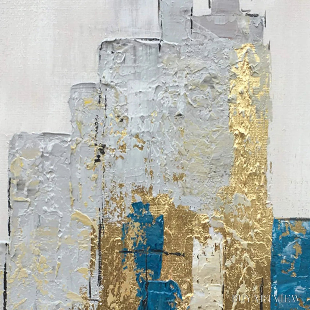 ARTOVITAS Golden Metropolis – Abstract Cityscape Oil Painting in Gold and Blue - image 3
