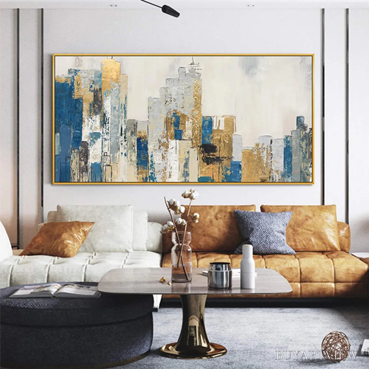 ARTOVITAS Golden Metropolis – Abstract Cityscape Oil Painting in Gold and Blue - image 4