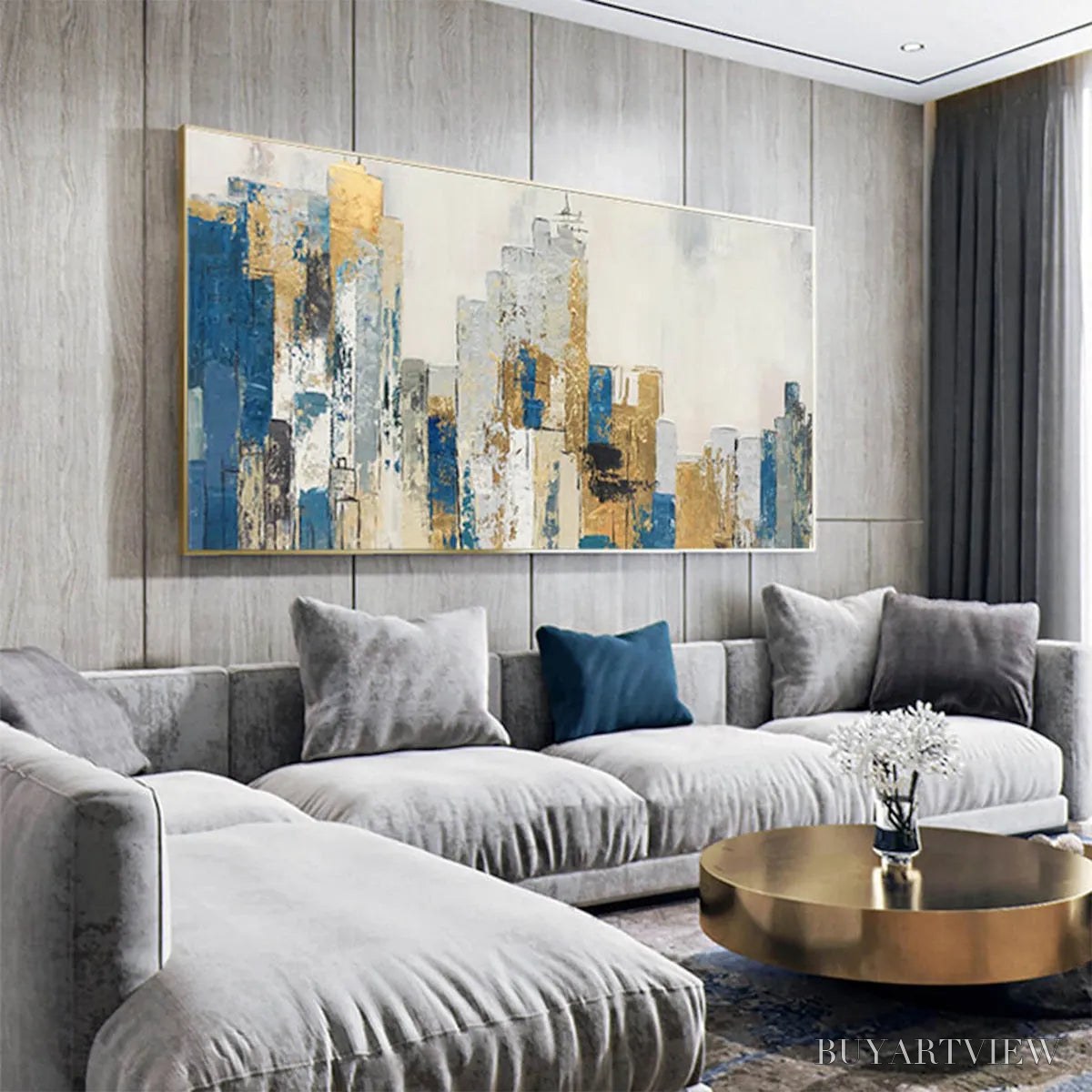 ARTOVITAS Golden Metropolis – Abstract Cityscape Oil Painting in Gold and Blue - image 5