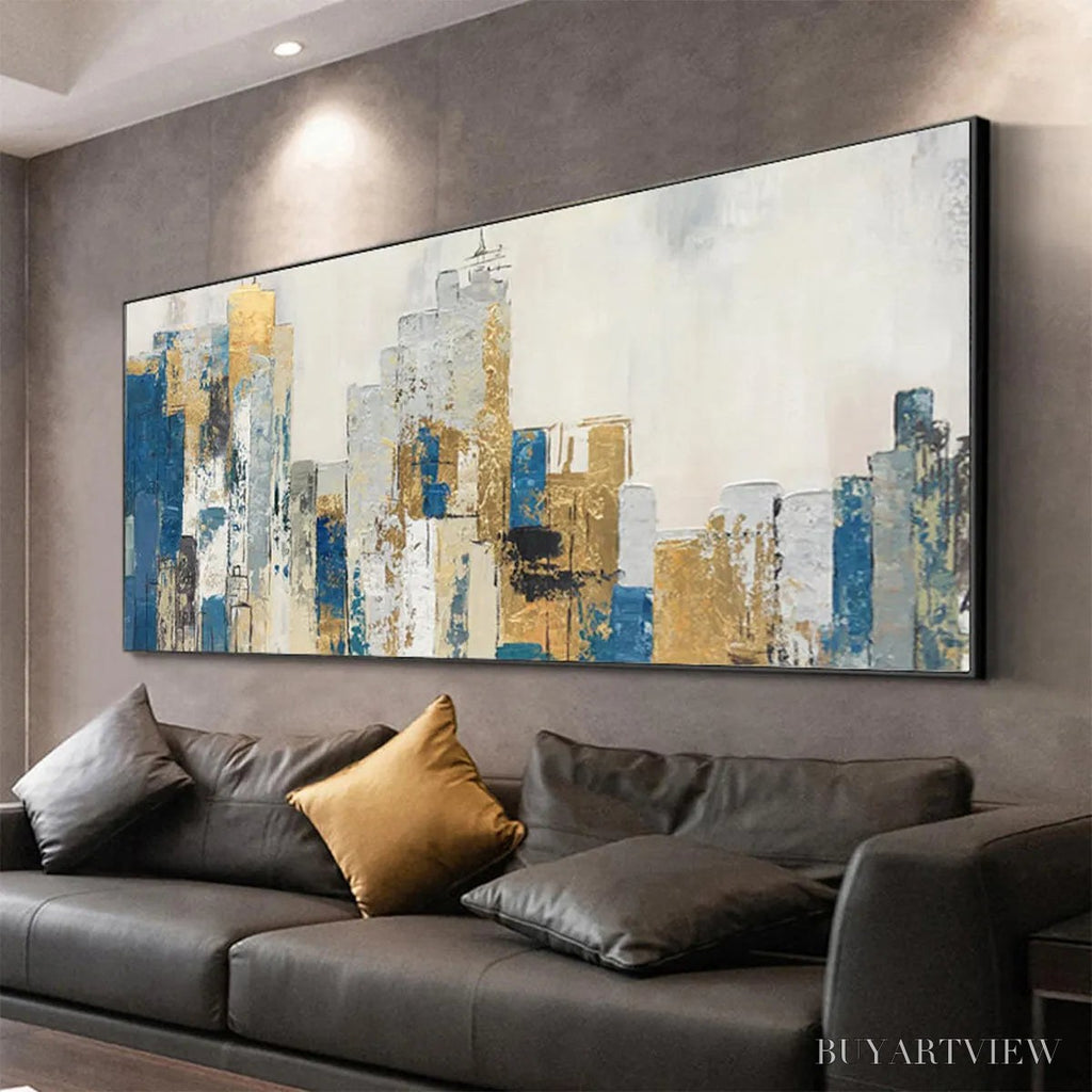 ARTOVITAS Golden Metropolis – Abstract Cityscape Oil Painting in Gold and Blue - image 6