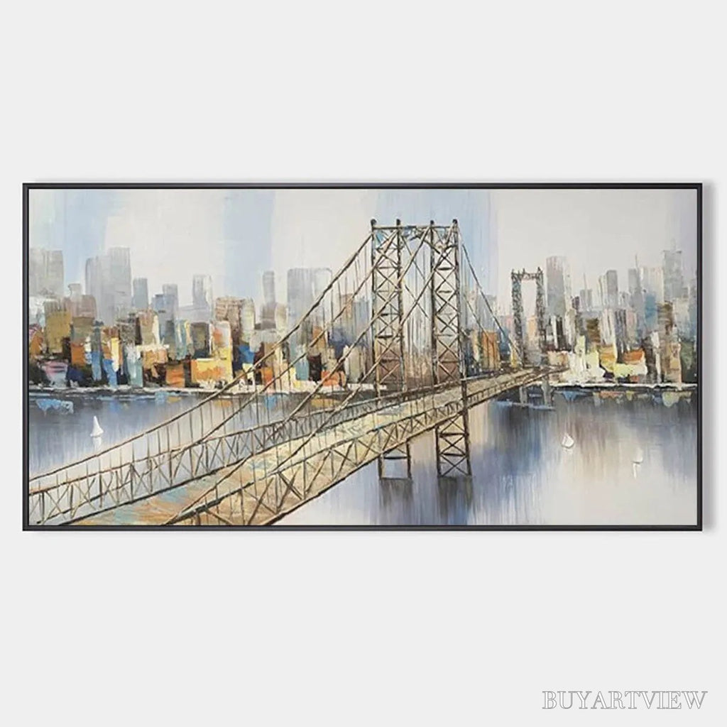ARTOVITAS Urban Connectivity – Panoramic Cityscape Oil Painting with Bridge - image 1