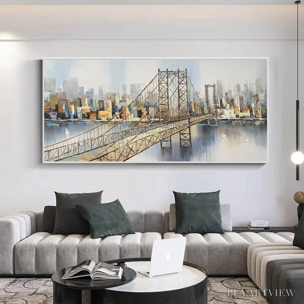 ARTOVITAS Urban Connectivity – Panoramic Cityscape Oil Painting with Bridge - image 2
