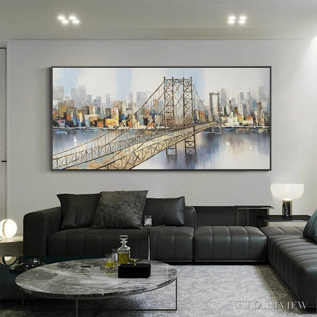 ARTOVITAS Urban Connectivity – Panoramic Cityscape Oil Painting with Bridge - image 4