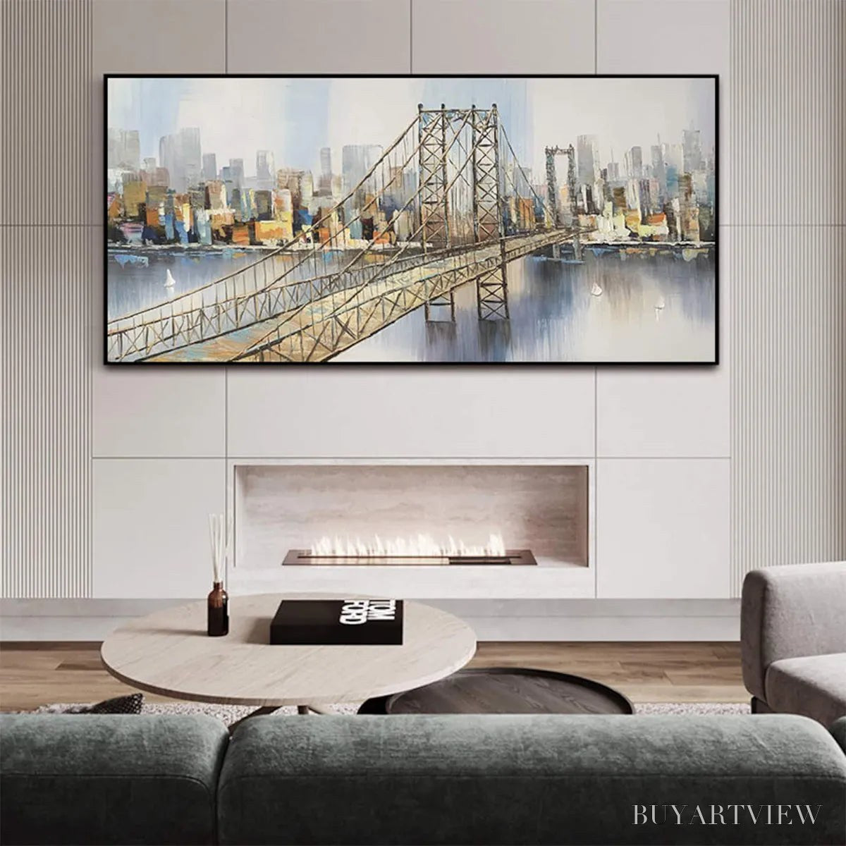 ARTOVITAS Urban Connectivity – Panoramic Cityscape Oil Painting with Bridge - image 6