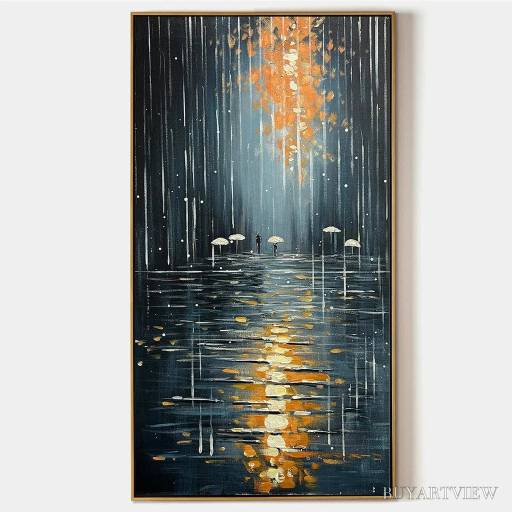 ARTOVITAS Rainy Day Reflections – Vertical Painting of a Rainy City Street, Minimalist Figures, Modern , Blue and Gold - image 1
